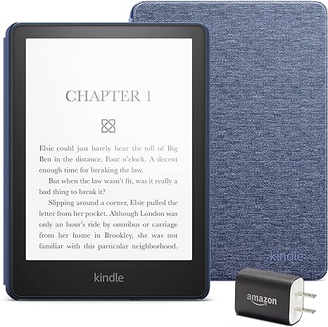 Kindle Paperwhite Essentials Bundle including Kindle Paperwhite (16 GB) - Denim - Without Lockscreen Ads, Fabric Cover - Denim, and Power Adapter