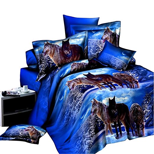Han Shi® North Euro Ice World Wolves Pack 4PCS Sets 3D King Sheet & Pillowcase for Unisex Bedroom