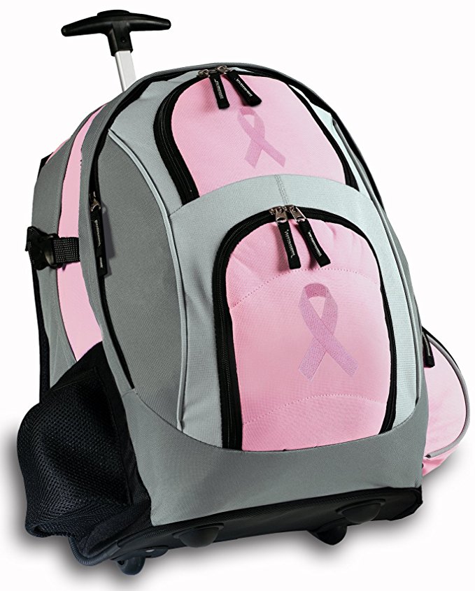 Pink Ribbon Rolling Backpack Deluxe Pink Breast Cancer Support Backpacks Bags w