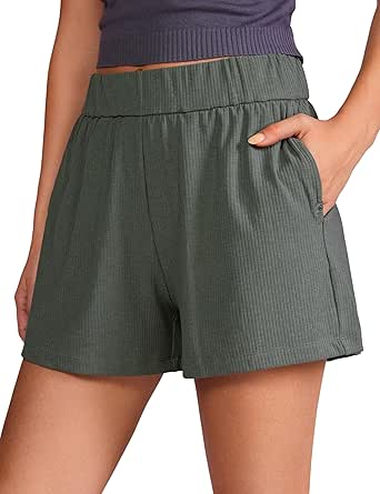 CRZ YOGA Comfy Ribbed Sweat Shorts for Women High Waisted Lyocell Casual Lounge Jersey Athletic Shorts with Pockets