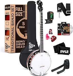 Pyle Banjo Kit with Remo Head and Sapele Resonator, 39" Full Size Traditional Open or Closed Back 5 String Instrument with 24 Brackets, Geared 5th Tuner, Premium Accessory Kit (Sun Burst)