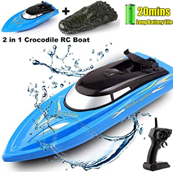 SZJJX 2 in 1 RC Boat, Remote Control Racing Boats for Pools and Lakes Pond Garden, 10km/H 2.4G Mini Speed Boat with Disassembled Simulation Crocodile Head Spoof Toy Blue