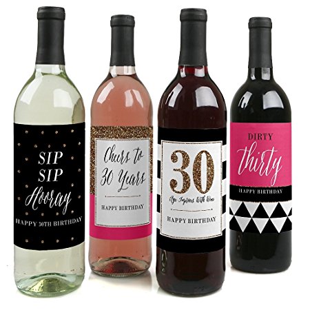 Chic 30th Birthday - Pink, Black and Gold - Wine Bottle Labels Birthday Gift - Set of 4