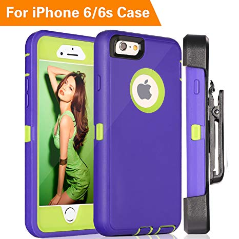 iPhone 6 Case, FOGEEK Heavy Duty Protective Combo Defender 360 Degree Rotary Belt Clip & Kickstand Case Cover Compatible for iPhone 6/6S （NOT Plus） (Green/Purple)