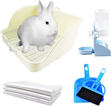 kathson Rabbit Litter Box Toilet Pet Potty Trainer Cage Corner Tray Pan Litter Bedding Box Hanging Water Fountain Automatic Dispenser for Adult Guinea Pigs Rabbits Hamster Chinchilla Ferret