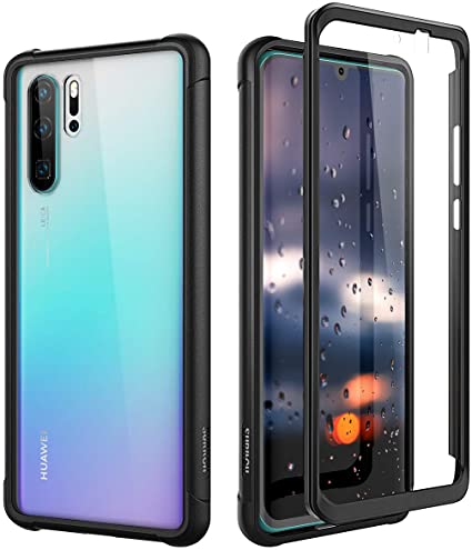 SURITCH Case for Huawei P30 Pro,[Built-in Screen Protector] Marble Shockproof Rugged 360 Full Body Bumper Protective Cover (Transparent Black)