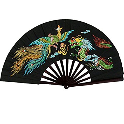 Bamboo Kung Fu Fighting Fan Dragon And Phoenix (Black)