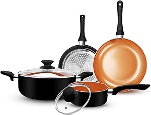 FRUITEAM 6pcs Cookware Set Ceramic Nonstick Pot Pan Set, Pan Sets with Lid, Induction Pot Set, Black