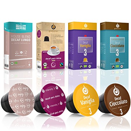 Gourmesso Decaf Bundle 60 Nespresso Compatible Coffee Capsules - Fair Trade | Includes Black and Flavored Espresso Lungos Vanilla and Chocolate Variety Pack