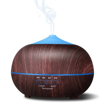 Tenswall 400ml Ultrasonic Aromatherapy Essential Oil Diffuser, Cool Mist Humidifier - Whisper Quiet Operation - Black Wood Grain Color-Changing LED Light & Auto Shut-Off Function - 4 Timer Settings