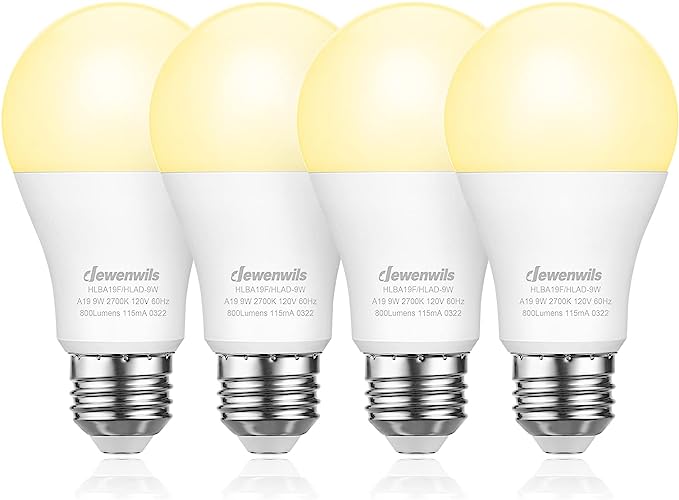 DEWENWILS 4-Pack Dusk to Dawn Light Bulbs Outdoor, Automatic On/Off LED Sensor Light Bulb, 2700K Warm White Glow, 9W(60W Equivalent), E26 Base 500LM Bright Light Bulb, UL Listed