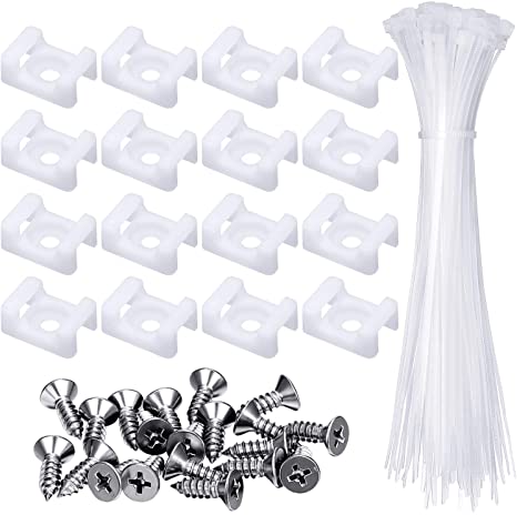 100 Pieces Cable Tie Mount Base Saddle Type Mount Wire Holder, 100 Pieces Cable Zip Ties with Self-Locking and 100 Pieces Deep Thread Pan Head Screws (White)