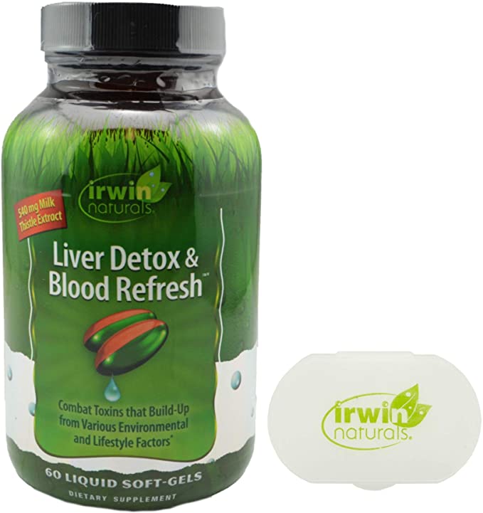 Irwin Naturals Liver Detox & Blood Refresh with Milk Thistle for Liver Support, 60 Softgels Bundle with a Pill Case