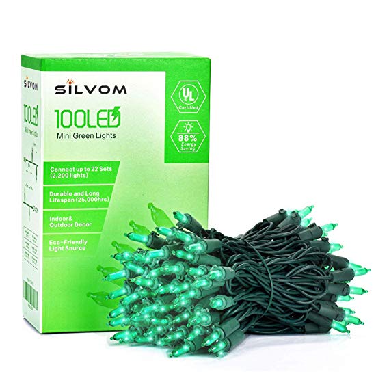 Silvom Green Christmas Lights, 33ft 100 LED Xmas Christmas Lights, 120V UL Listed LED String Lights for Halloween, Christmas Tree, St. Patrick's Day, Patio, Holiday, Home Indoor & Outdoor Decoration