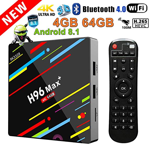 4G 64GB TV Box, Yongf H96 MAX  Android 8.1 Smart Tv Box Bluetooth 4.0 RK3328 Quad-Core 64bit Cortex-A53 Mali-450 Up to 750Mhz  Full HD / H.265 2.4G /5G Dual Band WiFi Set Top Box Remote Control