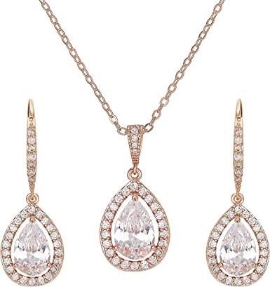 SWEETV Crystal Teardrop Wedding Jewelry Sets for Brides Birdesmaids, Rhinestone Cubic Zirconia Bridal Backdrop Necklace and Earrings Jewelry Sets for Women, Prom Costume Jewelry