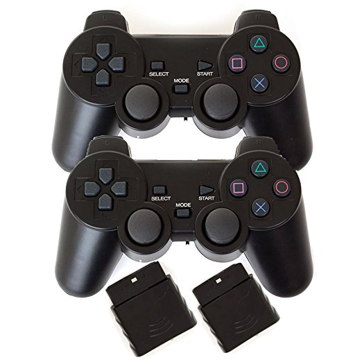 Bowink 2 Packs Wireless Gaming Controllers for Ps2 Double Shock(Black and Black)