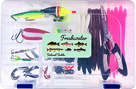 Tailored Tackle Fishing Tackle Kit 118 pc. Freshwater Fishing Gear Lures Pliers Fishing Gifts Tackle Box for Bass Trout Walleye Catfish Pike Pan Fishing Kit