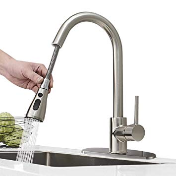 Hoimpro Commercial High-Arc Single Handle Kitchen Sink Faucet With Pull Out Sprayer, Modern Rv kitchen Faucet With Pull Down Sprayer, 3 Function Laundry Faucet, Brass/Brushed Nickel(1 or 3 Hole)