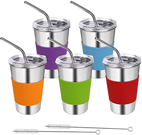 Rommeka Tumbler Cups with Lids and Straws, 16oz Stainless Steel Reusable Spill Proof Sippy Cup with Straw for Kids and Adults, 5 Pack