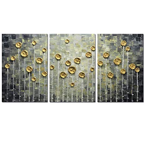 Asdam Art--3 Panel Extra Large Art Hand Painted 3D Gold Rose Oil Painting On Canvas Gold Horizontal Oversized Floral Wall Art for Living Room Bedroom Hallway Home Office Wall Decor(20x30inchx3)