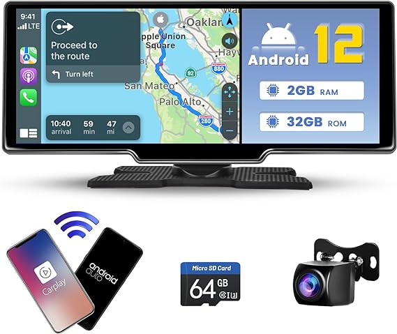 2023 Newest Android 12 Portable Car Screen Wireless Apple CarPlay - 10.26 Inch HD Display, GPS Navigation, WiFi Receiver, Wireless Android Auto Car Stereo with BT FM AUX