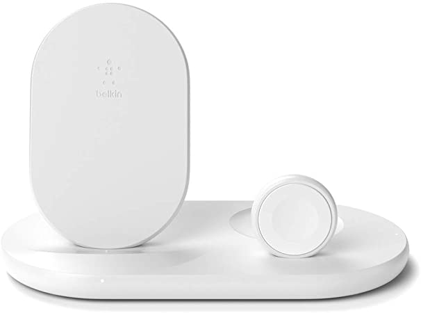 Belkin 3-in-1 Wireless Charger (7.5W Wireless Charging Station for iPhone, Apple Watch and AirPods) - Wireless Charging Dock, iPhone Charging Dock, Apple Watch Charging Stand - White