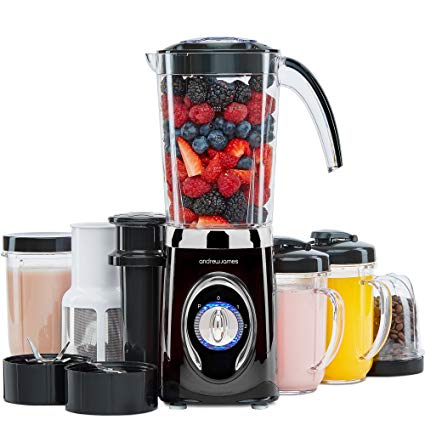 Andrew James Smoothie Maker | Multi Function 4 in 1 Blender Machine with Ice Crusher Grinder & Juicer | Includes 1L Jug | 500ml and 300ml Cups | Plus 2 Travel Cups | 220W | Black