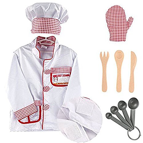 iPlay, iLearn Chef Role Play Costume, Cooking Dress Up Set, Kitchen Pretend Play with Hat, Oven Mitt, Knife, Fork, Spoon, Educationl Toy Gifts for Ages 2, 3, 4, 5, 6 Year Old Kid, Toddler, Boy, Girl