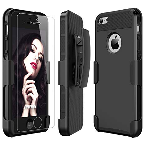 ROITON Belt clip case for iPhone 5/5S/SE,Dual Layer Kickstand combo holster cover with FREE Screen Protector for iPhone 5/5S/SE (Black)