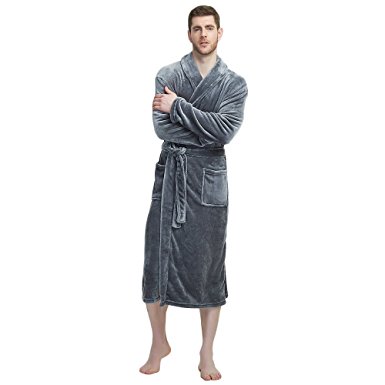 U2SKIIN Mens Fleece Robe Plush Soft Bathrobe Warm Nightgown With Collar Spa Kimono
