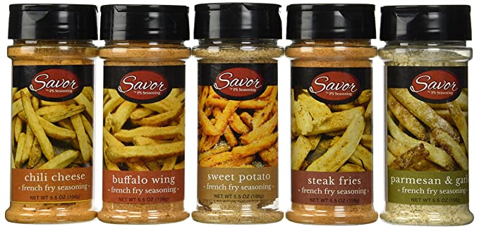 PS Seasoning & Spices French Fry Seasoning Variety Pack 5.5 Ounces Each (5 Flavors); Steak Fry, Chili Cheese, Parmesan & Garlic, Buffalo Wing, & Sweet Potato - Gluten Free -No MSG - Add Great Flavor to Your Meals Without Adding Calories!