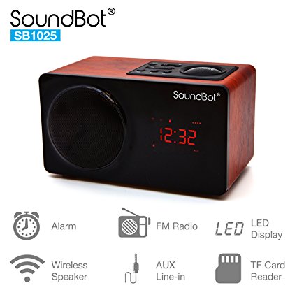 SoundBot SB1025 Alarm Clock FM Radio Bluetooth Wireless Portable Speaker w/ Acoustic 76mm Premium 7w Driver, 6Hrs Music Streaming, Built-in Battery, 3.5mm Aux Port LED Display