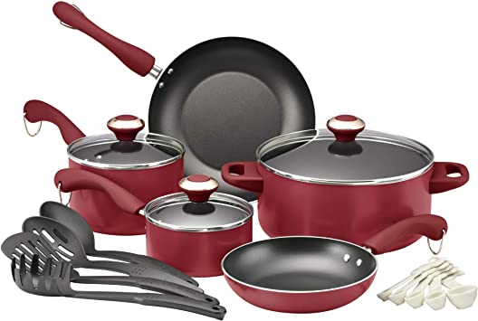 Paula Deen Signature Dishwasher Safe Nonstick Cookware Pots and Pans Set, 17 Piece, Red