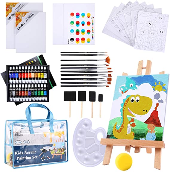 Paint Set For Kids, Ohuhu 55pcs Kids Art Set Paint Easel Includes 24 Non Toxic Acrylic Paints, Table Top Easel, 10 Paint Brushes,12 Pcs Canvas, Paint Palette, Art Supplies for Kids Mother's Day