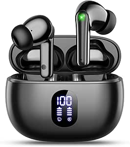 ZZU Wireless Earbuds, 5.3 Bluetooth Earphones with 4 ENC Noise Canceling Mic, Ear Buds with HiFi Stereo Deep Bass, 40H Playtime LED Display Fast Charge Wireless Earphones, IP7 Waterproof - Dark Black