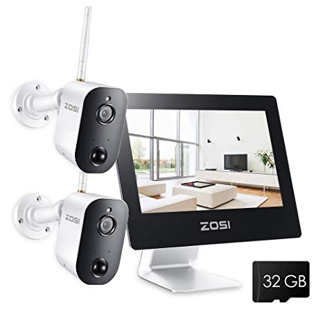 ZOSI Rechargeable Battery Powered WiFi Cameras System,4CH All-in-One 9" LCD Touchscreen Monitor and 2pcs 1080P Outdoor Battery Wireless Cameras Two-Way Audio PIR Motion Detection with 32GB SD Card