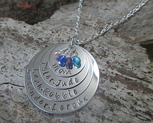 Four Layered Personalized Family Necklace Solid Stainless Steel and Crystal Birthstones