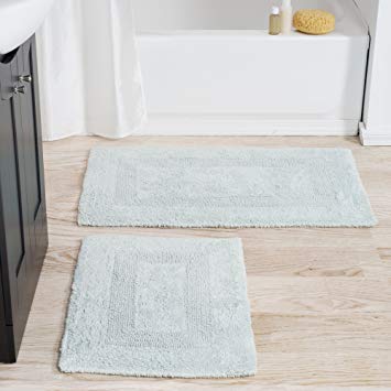 Cotton Bath Mat Set- 2 Piece 100 Percent Cotton Mats- Reversible, Soft, Absorbent and Machine Washable Bathroom Rugs By Lavish Home (Seafoam)