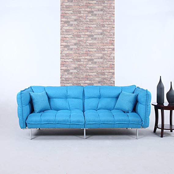 Divano Roma Furniture Collection - Modern Plush Tufted Linen Fabric Splitback Living Room Sleeper Futon (Sky Blue)