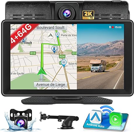 4 64GB 9'' Wireless Apple Carplay Screen with 2K Dash Cam and 1080P Backup Cam, Portable Touch Screen Android Auto, GPS Navigation, WiFi, Mirror Link, Dual Bluetooth, FM, AUX, Suction Cup Bracket