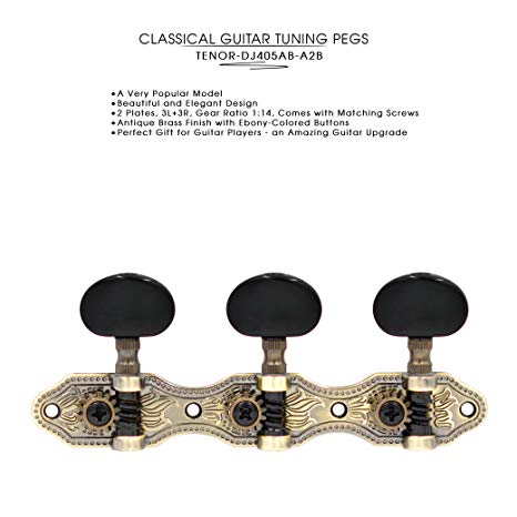 DJ405AB-A2B TENOR Classical Guitar Tuners, Tuning Key Pegs/Machine Heads for Classical or Flamenco Guitar with Antique Brass Finish and Ebony Colored Buttons.