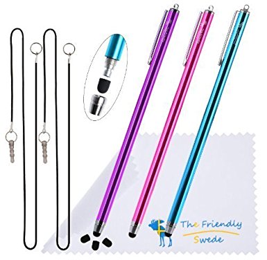 The Friendly Swede Extra Long - Bundle of 3 Premium XXL Thin-Tip High Precision Universal Capacitive Stylus Pens 7.3''   Extra 3 Replaceable Tips   2 x 15'' Elastic Tether Lanyards   Cleaning Cloth in Retail Packaging (Hot Pink   Purple   Aqua Blue)