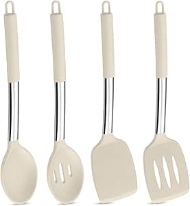 Khaki Kitchen Utensil Set of 4, P&P CHEF Cooking Utensils Kit, Heat-Proof Silicone Spoon Turner for Mixing Serving Flipping, Healthy & Non-stick