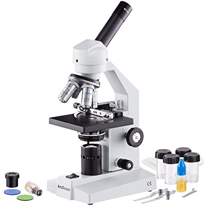 AmScope M500B-MS Monocular Compound Microscope, WF10x and WF20x Eyepieces, 40x-2000x Magnification, Anti-Mold Optics, Tungsten Illumination, Brightfield, Abbe Condenser, Coarse and Fine Focus, Plain Stage with Mechanical Specimen Holder, 110V
