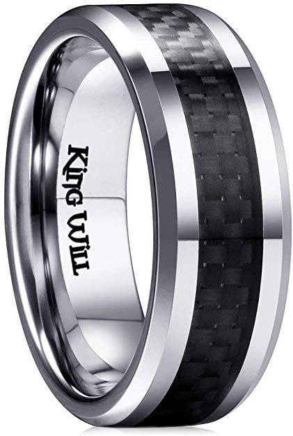 King Will Gentleman 7MM Mens Black Carbon Fiber Titanium Ring Wedding Band Comfort Fit Beveled Edge