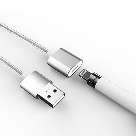 Apple Pencil Charge cable, Apple Pencil Charging Adapter Recharger Cable for iPad Pro 9.7, 12.9 inch Accessories.USB male to lightning female (white cable silver shell 1M)