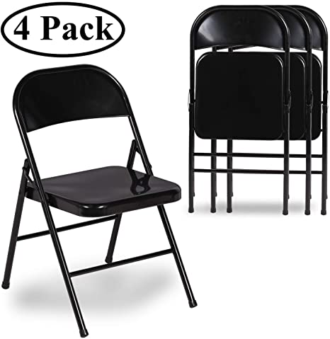 VECELO Folding Chair Triple Braced & Double Hinged Back with Metal Frame for Home Office, Black