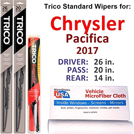 Wipers for 2017 Chrysler Pacifica Set w/Rear Trico Steel Wipers Set of 3 Bundled with MicroFiber Interior Car Cloth