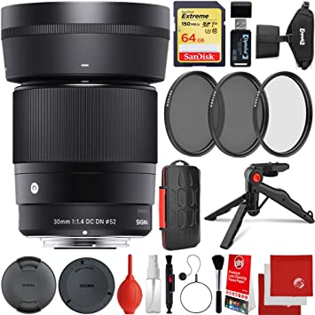 Sigma 30mm f/1.4 DC DN Contemporary Lens Canon EOS EF-M Mount Bundle with 64GB Memory Card, 3 Piece Filter Kit, Wrist Strap, Card Reader, Memory Card Case, Tabletop Tripod